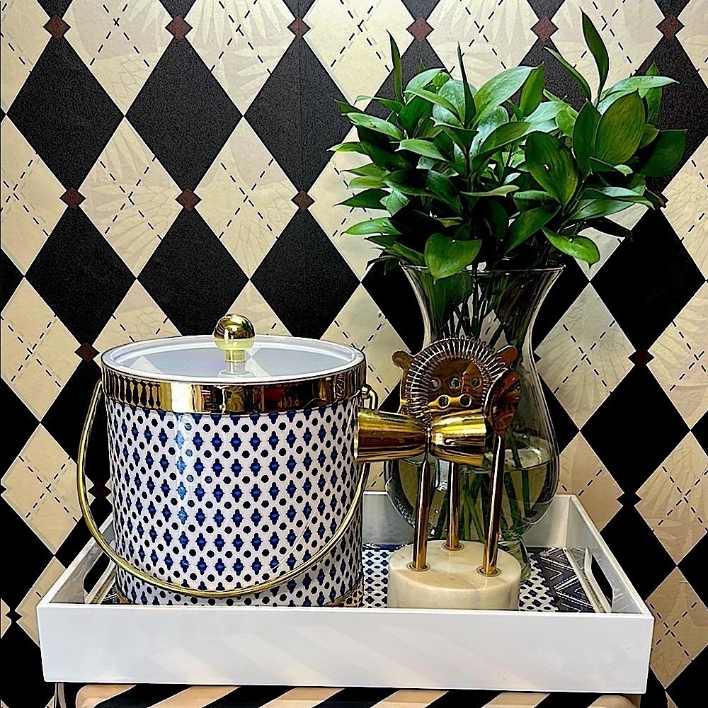 Blue & White Ice Bucket, Lid & Tray Set with Gold‎ Trim | Bar Cart Glam - Picture 6 of 14